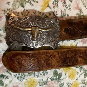 Tony Lama Vintage Kids Little Texas Hand Tooled Silver Steer Buckle Belt